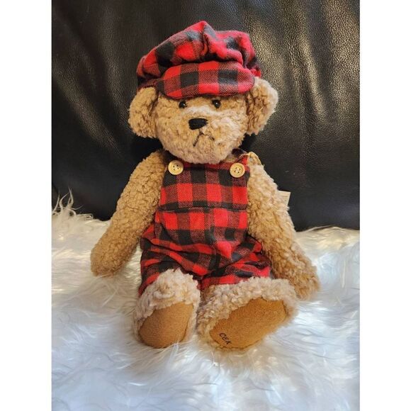GANZ 12" COTTAGE COLLECTIBLES TEDDY BEARS- CHECKERS, RED CHECKERED bib & hat - Picture 1 of 9
